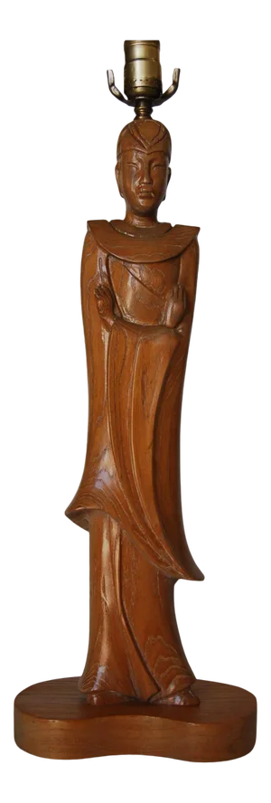 Mid-Century Carved Oak Chinese Monk Wood Figure Lamp