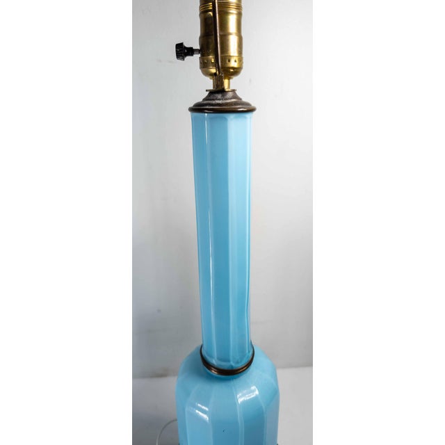 Early 20th Century Pair of French Baby Sky Blue Opaline Glass Table Lamps For Sale - Image 12 of 14