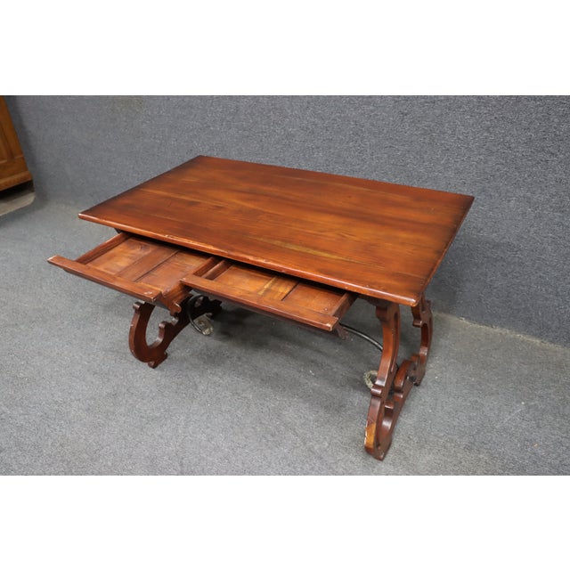 Spanish Colonial Revival Style Mahogany Desk With Iron Stretcher For Sale - Image 11 of 13