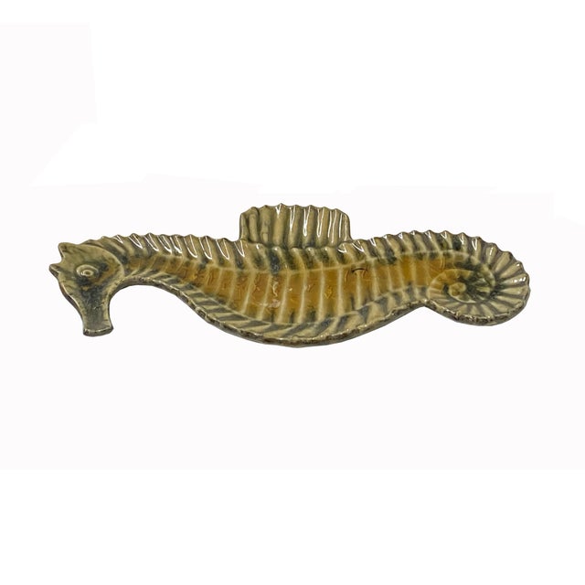 Artistic Mustard Yellow Glaze Ceramic Decorative Seahorse Shape Display Plate For Sale - Image 4 of 5