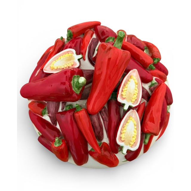 Ceramic Vintage Italian Painted Ceramic Red Chili Pepper Sculptural Bowl by Este Ceramiche C. E. Lidded Serving Tureen, 11.5" For Sale - Image 7 of 12
