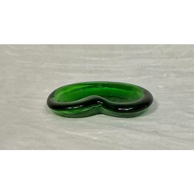 1960s Blenko art glass, free form kidney shaped bowl with vivid green textured glass. Straw-marks, bubbles present. Would...