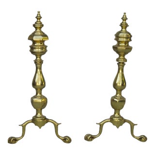 Pair of Vintage American Federal Brass Andirons W Wrought Iron Log Holders For Sale