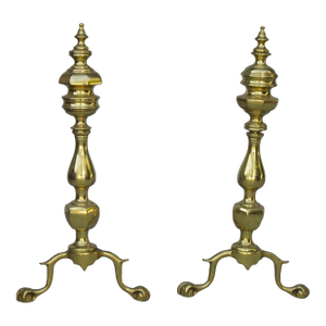 Pair of Vintage American Federal Brass Andirons W Wrought Iron Log Holders