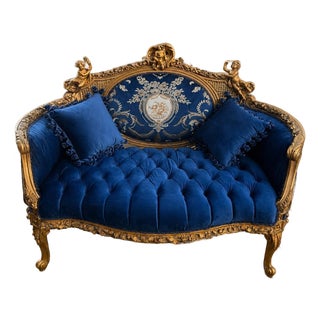 1940 French Artisan Louis XVI Gold Blue Beech Settee For Sale