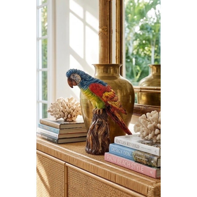 Cornflower Blue Vintage Italian Majolica Glazed Ceramic Parrot / Macaw Figurine on Tree Stump Base For Sale - Image 8 of 12
