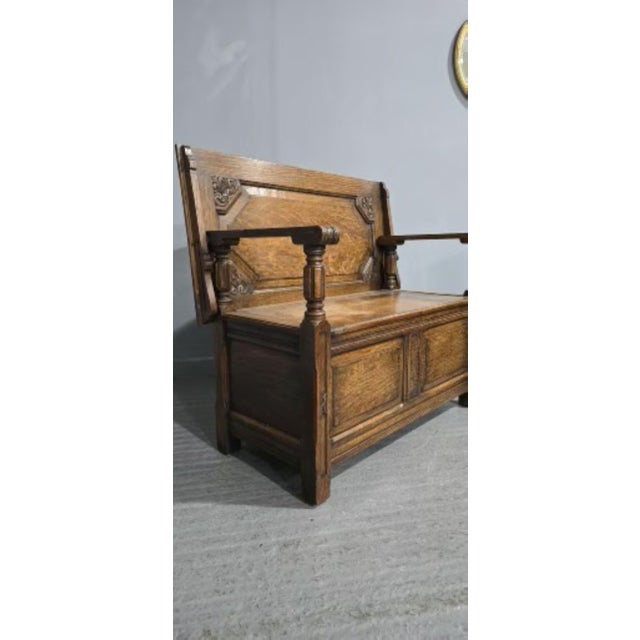 Vintage Oak Monks Bench, 1920 For Sale - Image 10 of 13