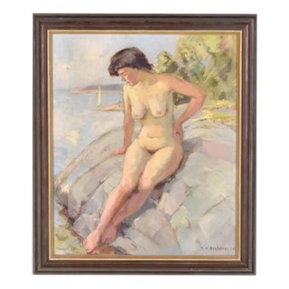 Karl Vilhelm Anstensen, Coastal Scene with Sunbathing Nude Woman, 1957, Oil Painting on Canvas, Framed For Sale