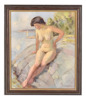 Karl Vilhelm Anstensen, Coastal Scene with Sunbathing Nude Woman, 1957, Oil Painting on Canvas, Framed