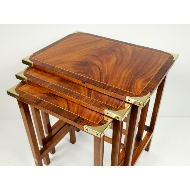 Regency English Military Campaign Nesting Tables in Mahogany, 1940s, Set of 3 For Sale - Image 3 of 11
