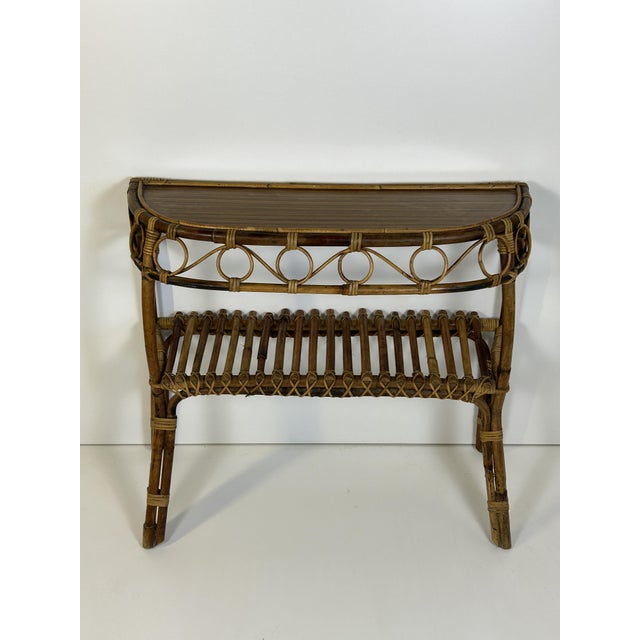 Vintage Rattan and Wicker Console Table with Masonite Top, 1950s, in Very Good conditions. Designed 1950 to 1959