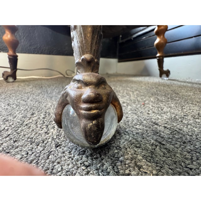 Beautiful quarter sawn oak entry preparer table with scalloped edges, barely twist legs and cast iron, gargoyle or satyr...