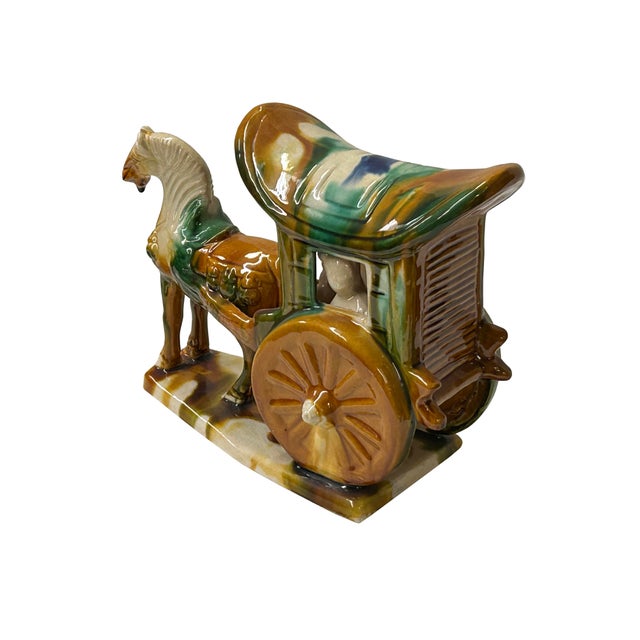 1980s Oriental Tri-Color Green White Yellow Ceramic Horse Cart Art Figure For Sale - Image 5 of 10