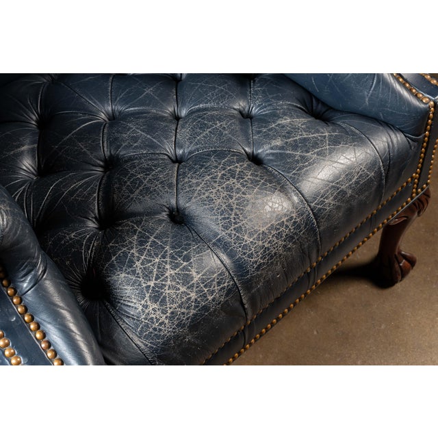 Vintage Tufted Leather Chesterfield Armchair in Blue For Sale - Image 10 of 15