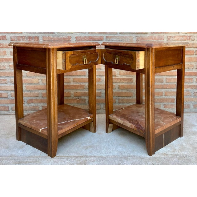 Early 20th Century Walnut Nightstands with Marble, 1940s, Set of 2 For Sale - Image 18 of 18