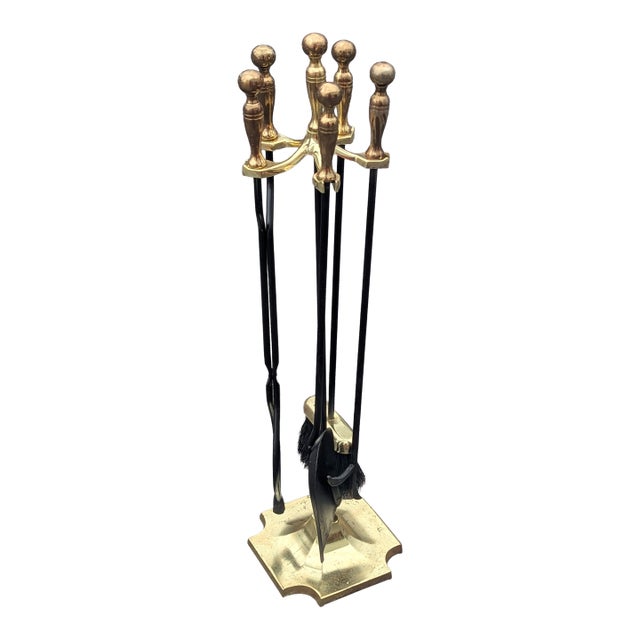 Vintage Brass Plated Metal Fireplace Tools/ 4 Tools and Stand Fireplace Tools Set For Sale