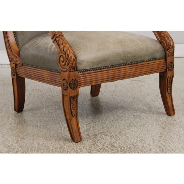 Animal Skin French Louis XVI Carved Leather Arm Chair For Sale - Image 7 of 17