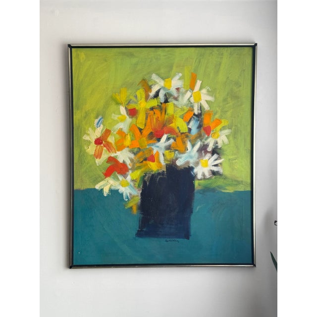 Green Mid-Century Modern Abstract Floral Painting Signed For Sale - Image 8 of 9
