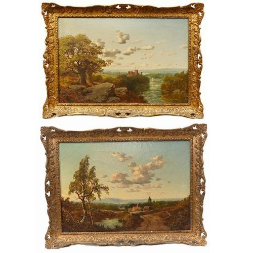 A decorative pair of victorian english landscape oil paintings circa 1880 each housed in finely carved giltwood frames...