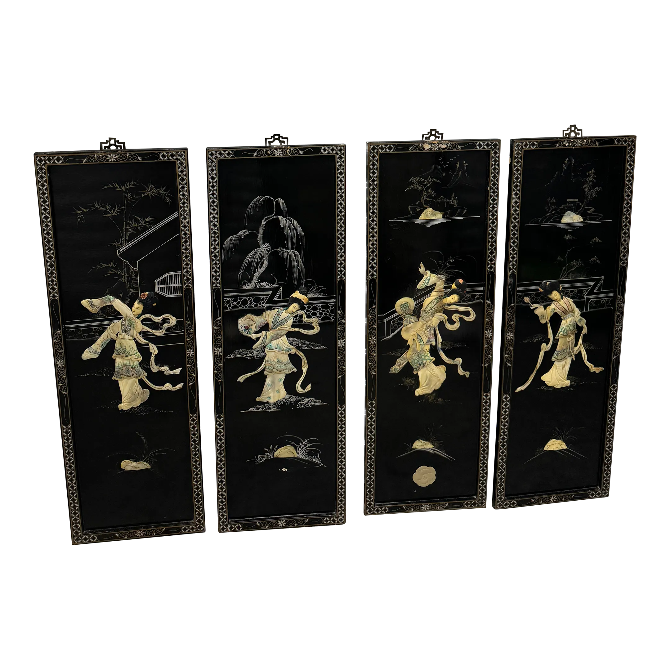 1950s Vintage Chinoiserie Geisha Asian Wall Panel Accents With