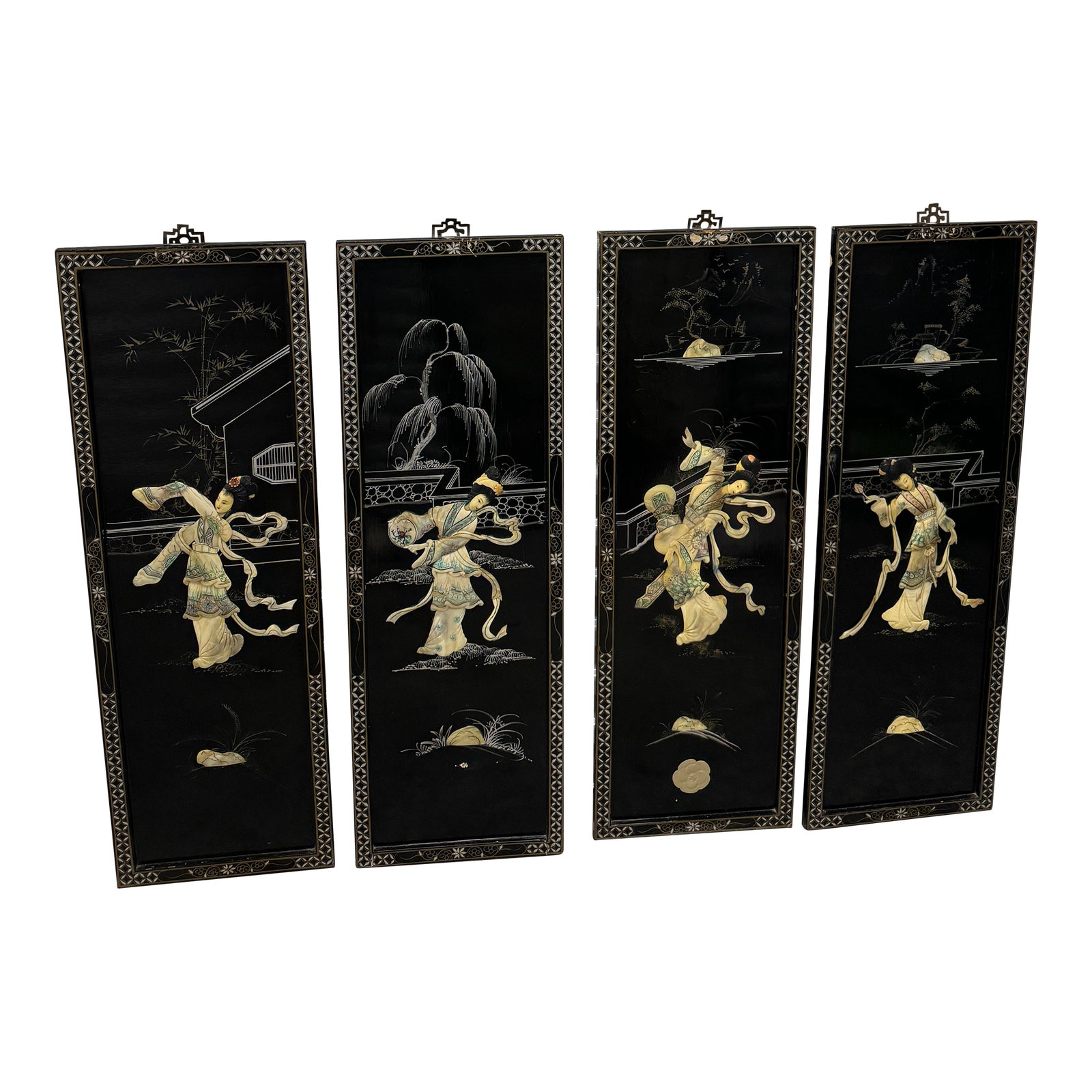1950s Vintage Chinoiserie Geisha Asian Wall Panel Accents With