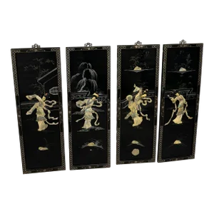 1950s Vintage Chinoiserie Geisha Asian Wall Panel Accents With Mother of Pearl Inlays - Set of 4, Framed