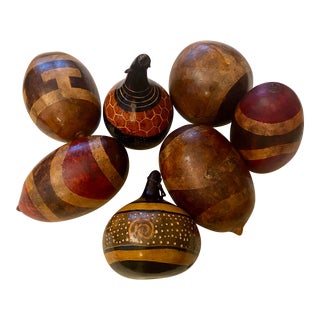 Vintage Hand Painted Decorative Gourds African Inspired Folk Art, a Set of 7 For Sale