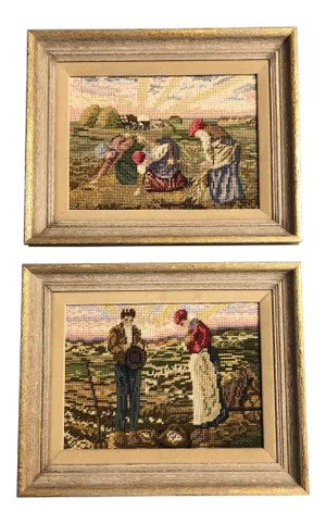 1960s Vintage Handmade Needlepoints After Artist Millet- a Pair