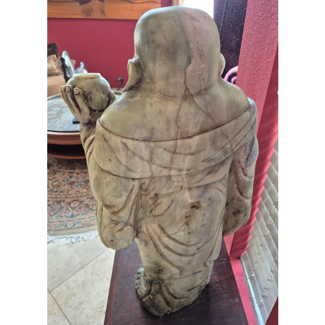 Large Vintage Hand-Carved Green Soapstone Laughing Buddha Statue For Sale - Image 4 of 8