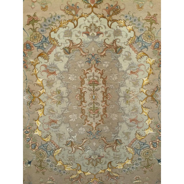 Persian Tabriz Rug, Hand-Knotted Wool & Silk, Floral Design Taupe & Pale Green, 7x10 For Sale - Image 15 of 18