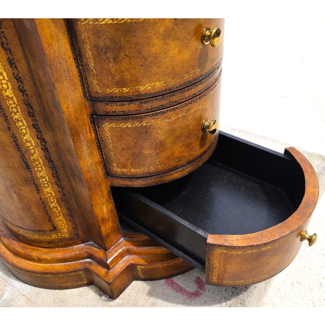 Maitland Smith English Regency Tooled Leather Quatrefoil Drum Chest Side Table For Sale - Image 14 of 14