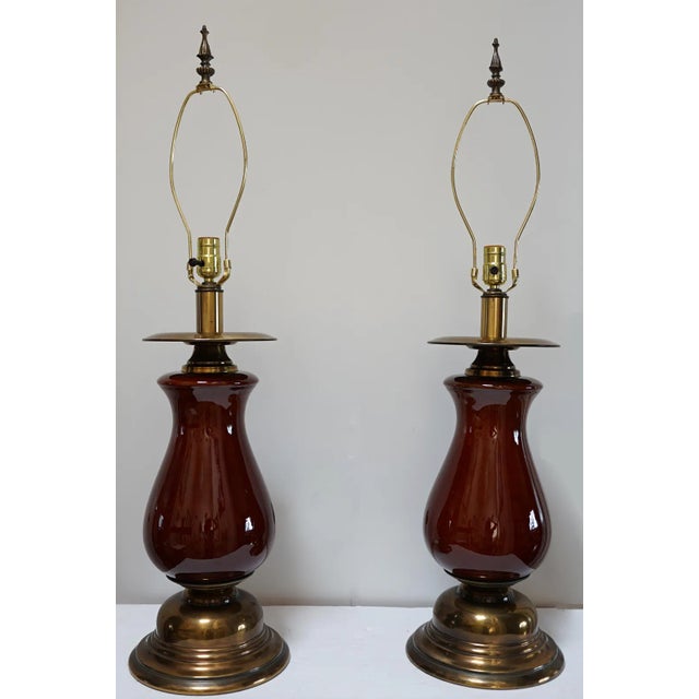 Pair of 21st Century Brass and Ceramic Burgundy Baluster Lamps For Sale - Image 9 of 10