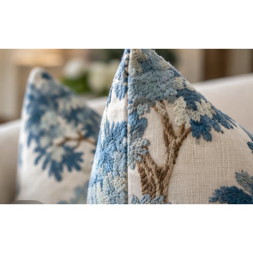 Mid-Century Modern Pair of Lee Jofa Sherwood Horizon Blue Embroidered 22" Down Pillows For Sale - Image 3 of 4