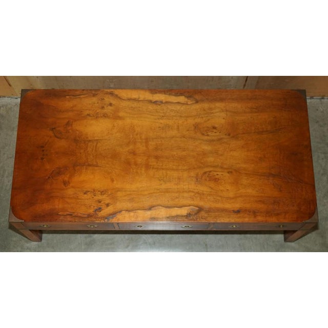 Vintage Military Campaign Burr Yew Wood and Brass 3-Drawer Coffee Table from Bradley For Sale - Image 9 of 18
