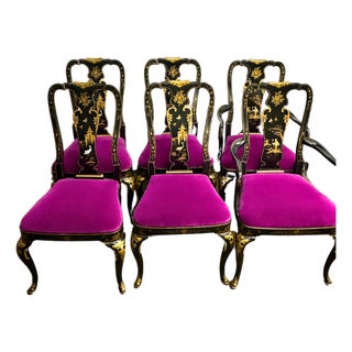 Kindel Queen Anne Hand Painted Chinoiserie Chairs Set of 6 Fuschia Velvet For Sale