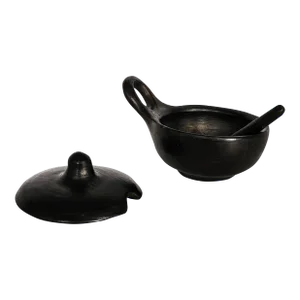 Vintage Mexican Black Clay "Barro Negro" Bowl With Spoon, Set of 3 Pieces