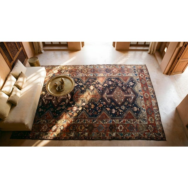 1890s Blue Navy Geometric Traditional Antique Persian Bakhtiari Rug 6' 6" X 11' 10" Wool Carpet For Sale In New York - Image 6 of 7
