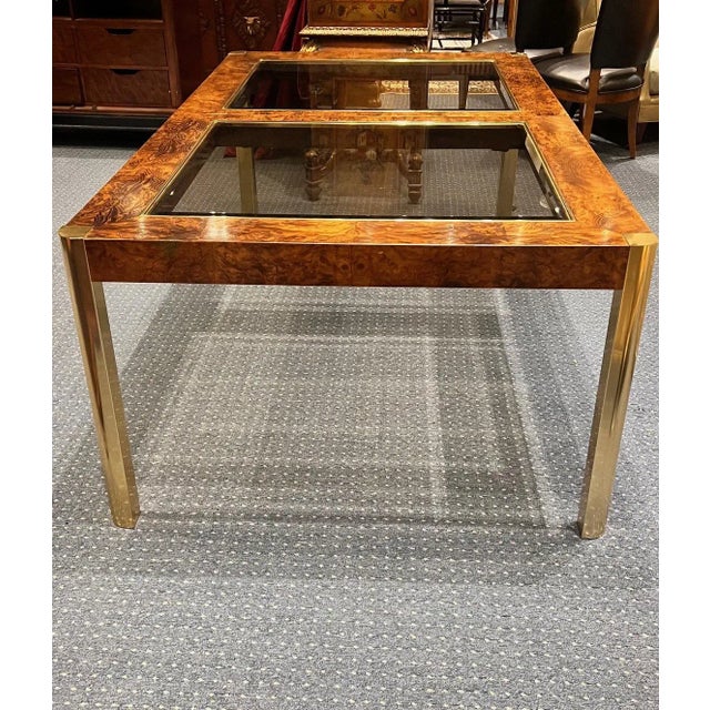 Mid-Century Modern 1970s Century Furniture Burl Wood and Brass Dining Table (Two Leaves) For Sale - Image 3 of 9
