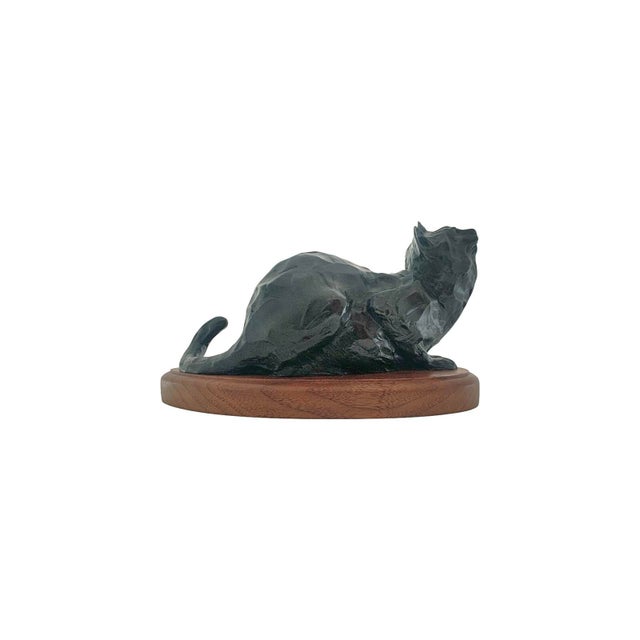 Folk Art Cat Sculpture Bronze on Wood Base Feline Statue Signed and Numbered Vintage Gift For Sale - Image 3 of 11