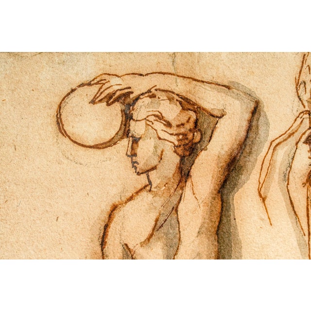 Mixed Medium Antique Framed Neoclassical Drawing Gouache Watercolor Classical Male Female Figures Art Grand Tour Style For Sale - Image 10 of 16