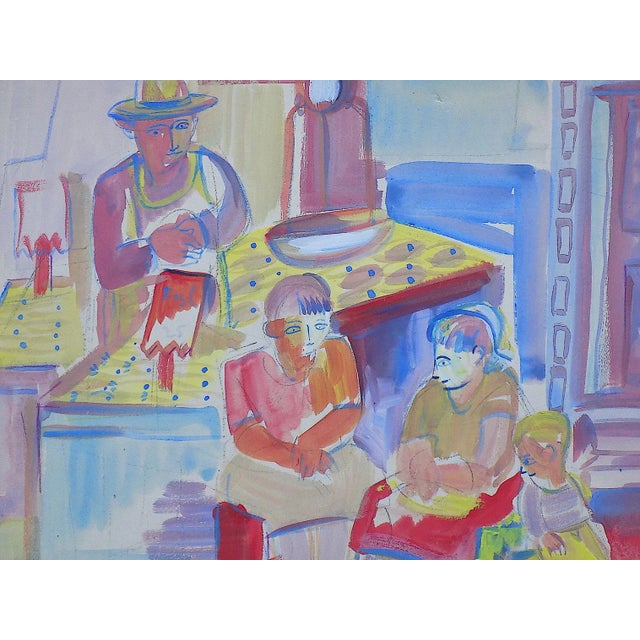 Blue Vintage Original Mid 20th Century Listed Wpa Artist Signed Expressionist Market Scene For Sale - Image 8 of 10