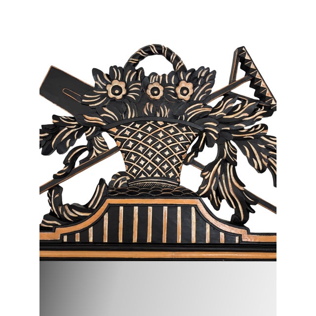 French 19th C. Neoclassical style carved wood mirror with French-country flower basket bouquet, garden motifs, and...