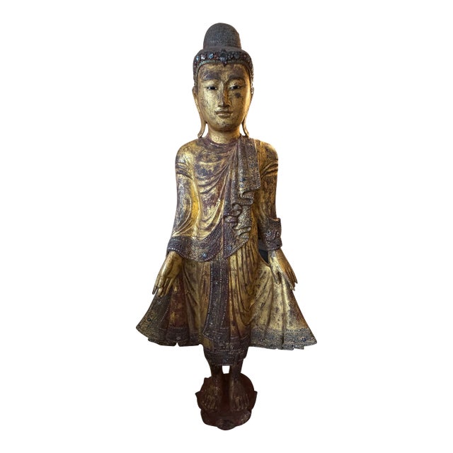 Antique Carved Wood Bejeweled Burmese Mandalay Standing Buddha Sculpture For Sale
