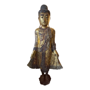 Antique Carved Wood Bejeweled Burmese Mandalay Standing Buddha Sculpture