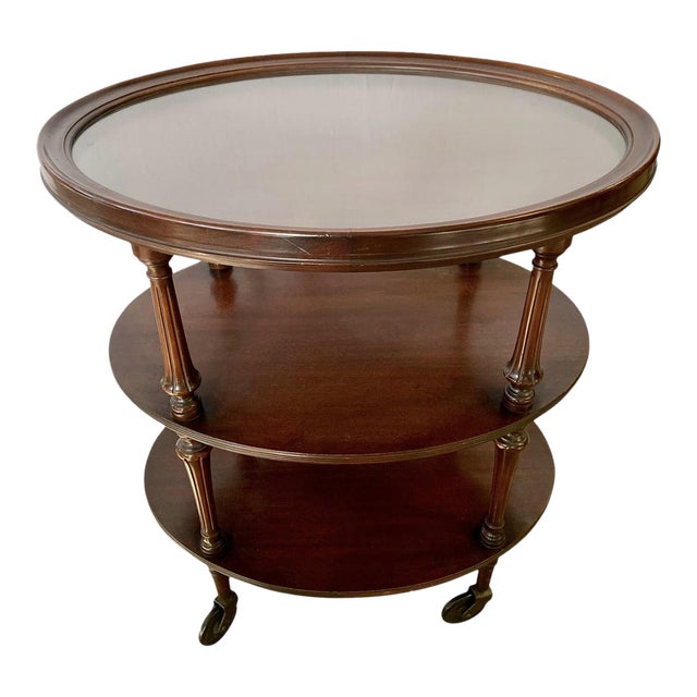 Antique Mahogany Oval Three-Tiered Rolling Bar Cart For Sale
