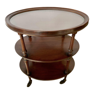 Antique Mahogany Oval Three-Tiered Rolling Bar Cart