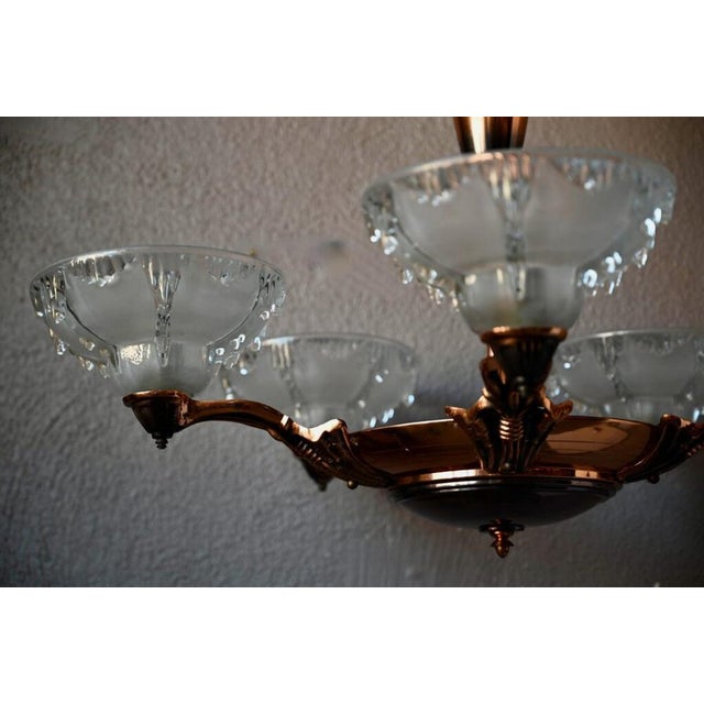 Large Art Deco Chandelier in Gilded Metal and Sandblasted Glass Ezan, France, 1930s For Sale - Image 9 of 18
