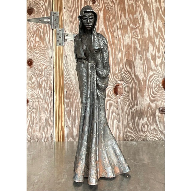 Vintage Brutalist Patinated Steel Cloaked Woman Sculpture For Sale - Image 9 of 15