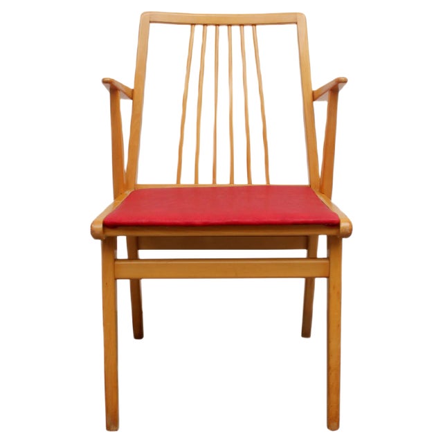 Beech and Red Leatherette Armchair, 1950s For Sale