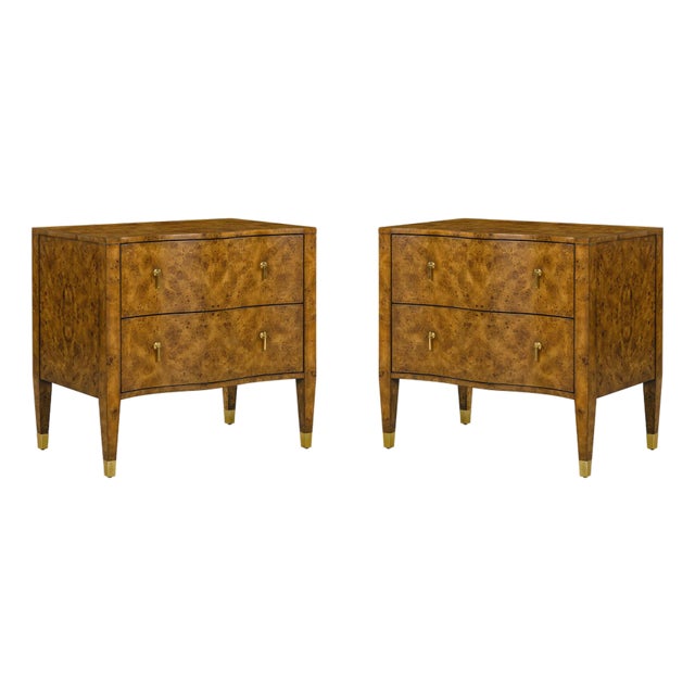 Contemporary Pair of Art Deco Style Burl Nightstands With Serpentine Fronts For Sale